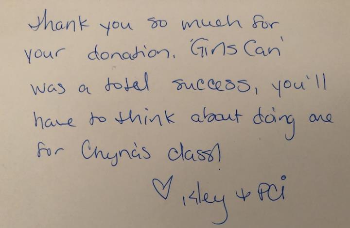 Thank you note from Girls Can to Leeloo Trading